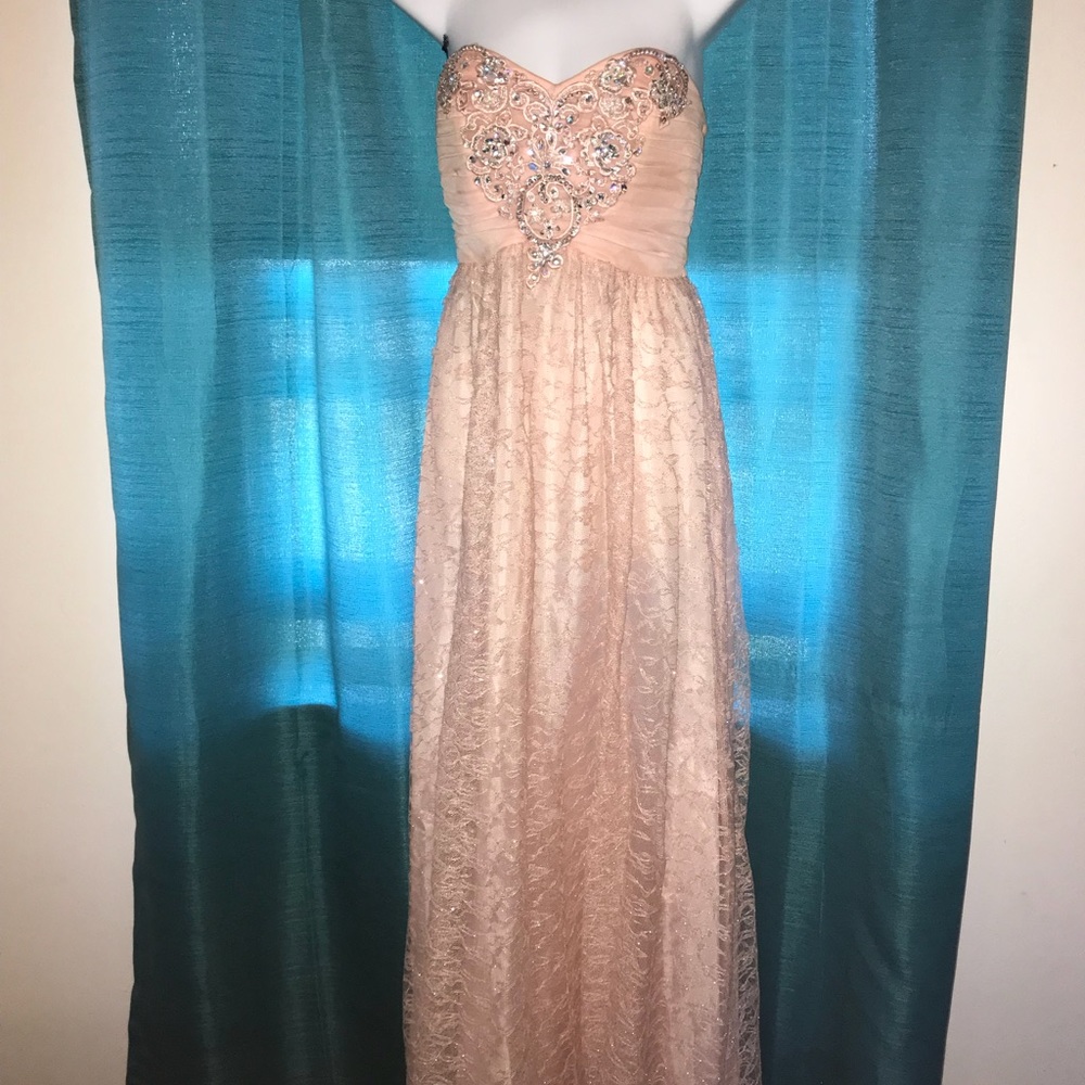 Powder pink strapless lace gown with rhinestones